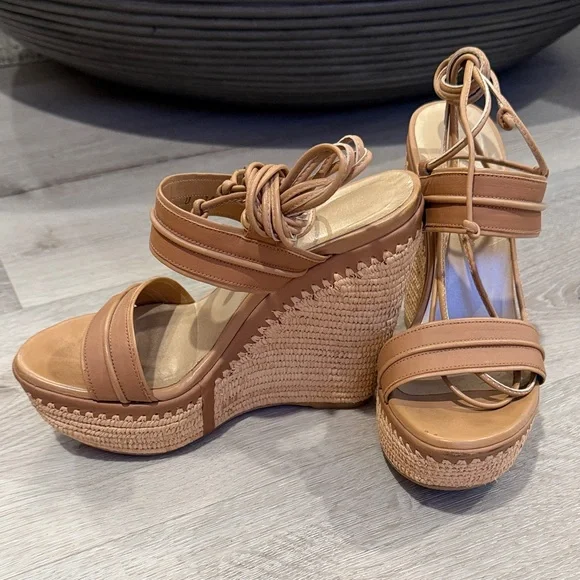 Stuart Weitzman Tan Espadrille Wedge Sandals with Ankle Wrap - Picture 2 of 4